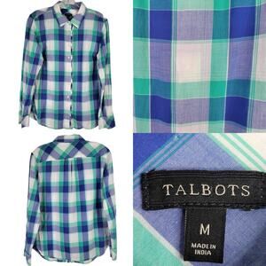 Talbots Shirt Green Blue Plaid Button Up Long Sleeve Women's Size Medium M